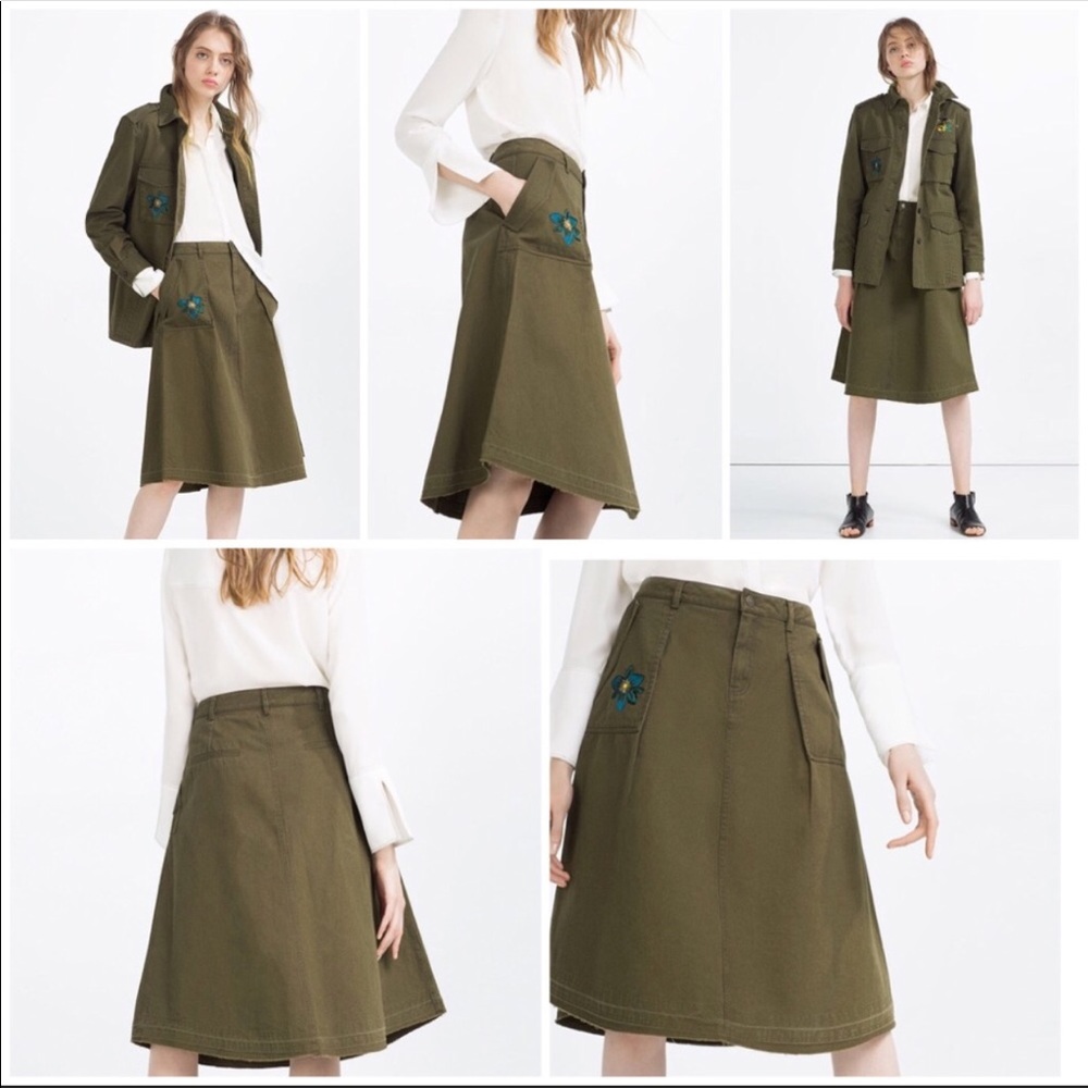 🆕NWT Zara army green embroidered denim midi skirt